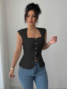 Elenzga 女士夏季外出、约会、海滩、度假、波西米亚风、西部风、婚礼、音乐节时尚优雅甜美法式迷人浪漫编织白色刺绣方领复古纽扣腰部设计常规衬衫女士黑色上衣无袖黑色上衣带纽扣黑色上衣优雅黑色上衣可爱黑色上衣女士上衣优雅上衣 - 黑色 - 查看 4