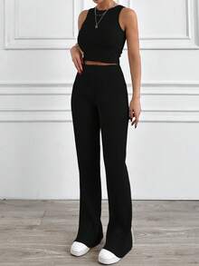 EURMUSE Conjunto de 2 piezas de top corto y pantalones de punto de canalé de algodón - Negro - Ver 4