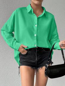 Camicia basic a maniche lunghe con spalle scoperte in cotone da donna, tinta unita - Menta Verde - Visualizzare 5