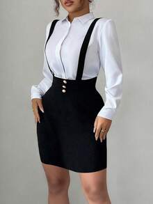 Elenzga 大码女式优雅休闲吊带修身半身裙 - 黑色 - 查看 1