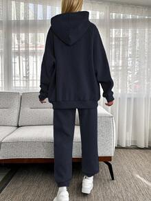 EURMUSE Women's Letter Graphic Raglan Sleeve Hoodie And Sweatpants Casual Loose 2 Pieces Set, Autumn/Winter - Navy Blue - View 2