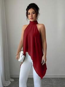 Rafferiza Women's Sleeveless Halter Neck Light Green Casual Blouse, Summer - Burgundy - View 4