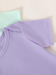 SHEIN Playful Pals 5件套女婴柔软舒适圆领纯色糖果连体衣，时尚休闲日常穿着，易于穿脱，短袖短裤款式，春夏款 - 彩色 - 查看 3