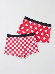 TOM & JERRY X SHEIN Tween Boy Soft Checkered Cartoon Pattern Trunks - Red and White - View 2