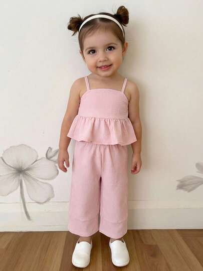 Baby Girl Casual Vacation Fashion Fitted Comfortable Cotton Woven Blue Striped Camisole Patchwork Ruffle Hem Top And Wide Leg Pants Set