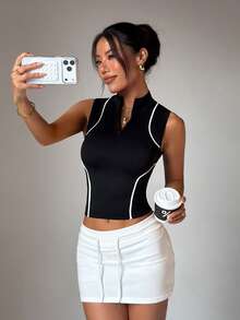 Dewbera 女士夏季休闲时尚日常通勤半拉链立领撞色滚边修身短款运动背心 - 黑色 - 查看 4