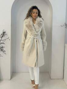 RebeccaVibe Fluffy Collar Thick Warm Long Belted Knitted Coat - Beige - View 3