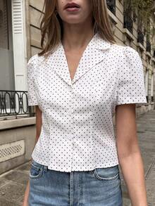 Pariaura Retro French Polka Dot Puff Sleeve Shirt/Collared Cropped Blouse, Waist-Cinching, Commuter Chic - White - View 1