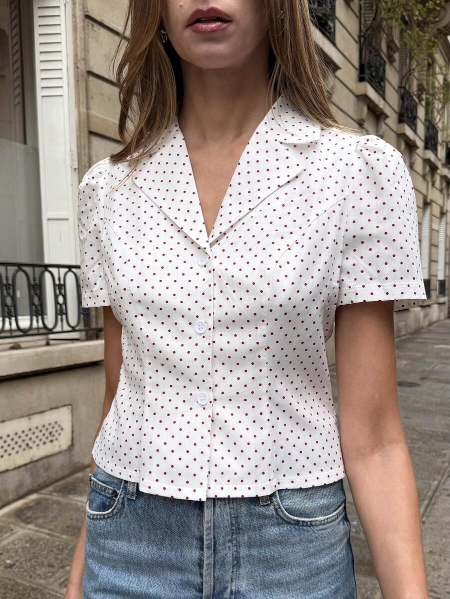 Pariaura Retro French Polka Dot Puff Sleeve Shirt/Collared Cropped Blouse, Waist-Cinching, Commuter Chic - White - View 1