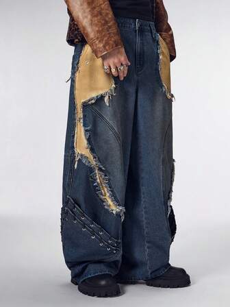 Street Life Jeans azul oscuro de corte curvo con parches de estilo punk resistente para hombres