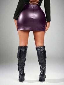 Radiana Women's Solid Color Slit Fitted Pencil Skirt, Suitable For Commuting - Purple - View 3