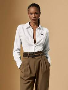 Briarwyn Camisa Casual Feminina com Cintura Marcada de Manga Longa com Botões, Adequada para Outono/Inverno, Camisa Listrada - Preto e Branco - Visão 1