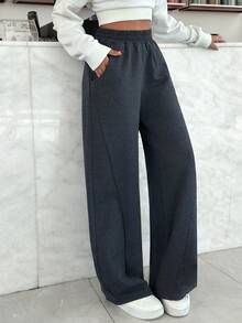 EURMUSE Wide Leg Elastic Waist Track Pants, Seam Design, Fall Clothes - Dark Grey - View 3