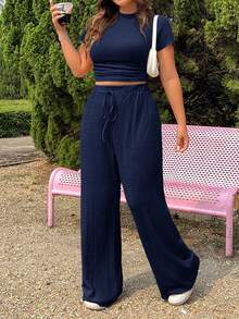 SHEIN EZwear Bộ 2 món màu xanh hải quân cỡ lớn gồm áo dệt kim họa tiết và quần xếp ly có dây rút, kiểu dáng thường ngày. - Màu xanh hải quân - Xem 1