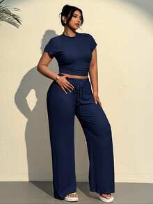 SHEIN EZwear Bộ 2 món màu xanh hải quân cỡ lớn gồm áo dệt kim họa tiết và quần xếp ly có dây rút, kiểu dáng thường ngày. - Màu xanh hải quân - Xem 3