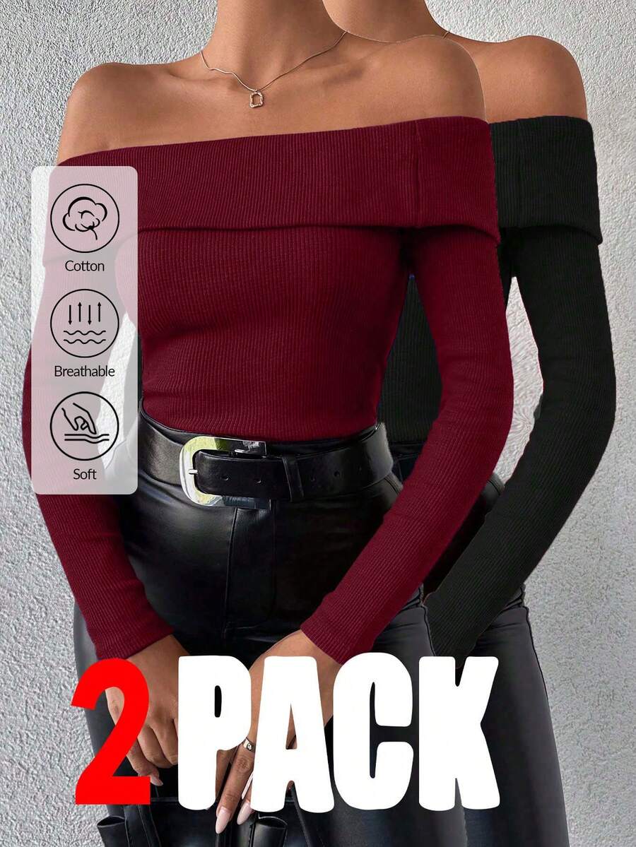 EURMUSE Conjunto de 2 piezas de tops casuales de algodón de unicolor con hombros descubiertos, negro y rojo - Multicolor - Ver 1