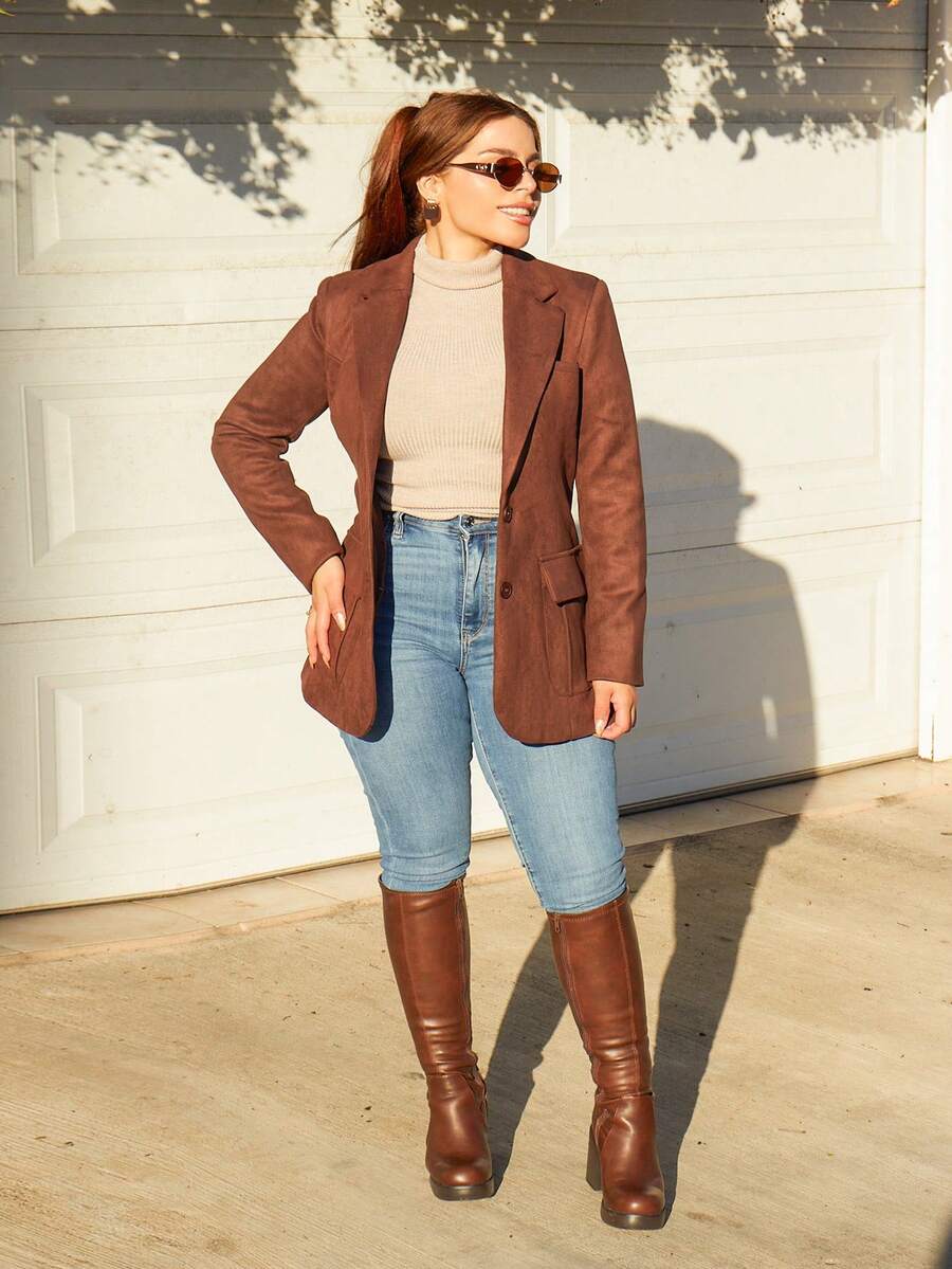 Lupita Cardoza 仿麂皮多口袋长袖优雅西装外套 - 棕色 - 查看 1