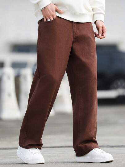 Manfinity Hypemode Men's Casual Everyday Commute Simple Versatile Solid Color Straight Leg Jeans Brown Pants Casual Pants