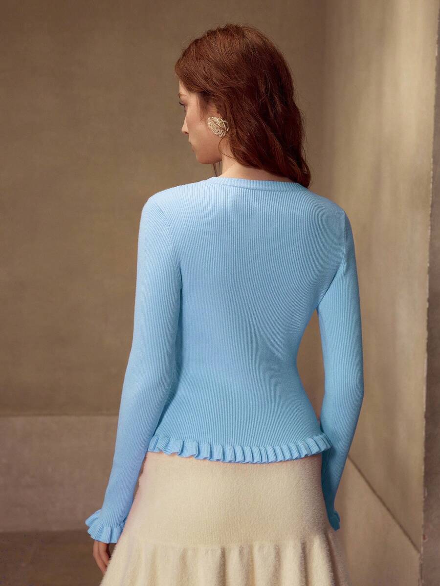 MOTF PREMIUM RUFFLED HEM FLORAL BUTTON LONG SLEEVE SWEATER