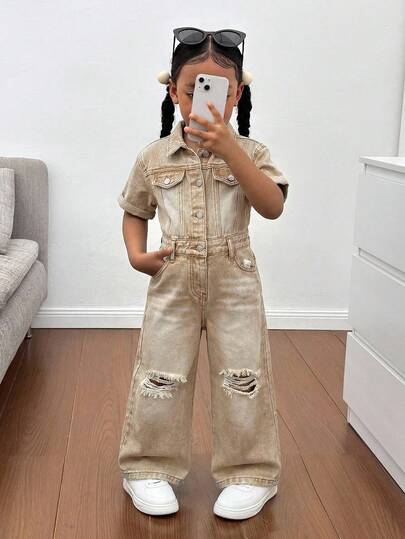 SHEIN Young Girl Summer Casual Washed Distressed Button Half-Placket Wide Leg Denim Jumpsuit