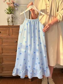 Vintaside Kids 女童夏季无袖吊带连衣裙，休闲简约竖条纹印花，适合日常休闲、购物、露营和度假穿着。 - 藍色 - 查看 7