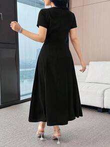Modelyn Đầm dự tiệc midi nữ màu trơn, trang trí nơ 3D, thanh lịch, thắt eo. - màu đen - Xem 3