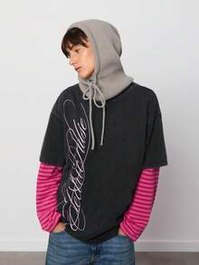 SURIMA Camiseta holgada de punto negro con estampado de letras salpicado de moda casual de mujer, verano - Multicolor - Ver 1