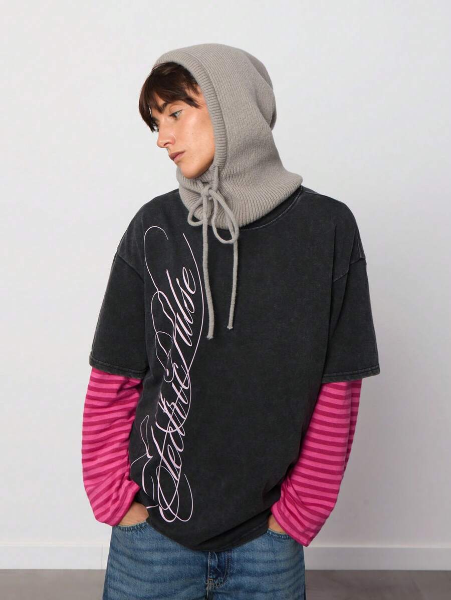 SURIMA Camiseta holgada de punto negro con estampado de letras salpicado de moda casual de mujer, verano - Multicolor - Ver 1