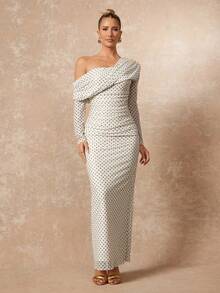 Lumalex 女士优雅性感酒红色不对称领交叉褶皱腰部开衩下摆长袖修身连衣裙，春夏款 - 杏色 - 查看 5