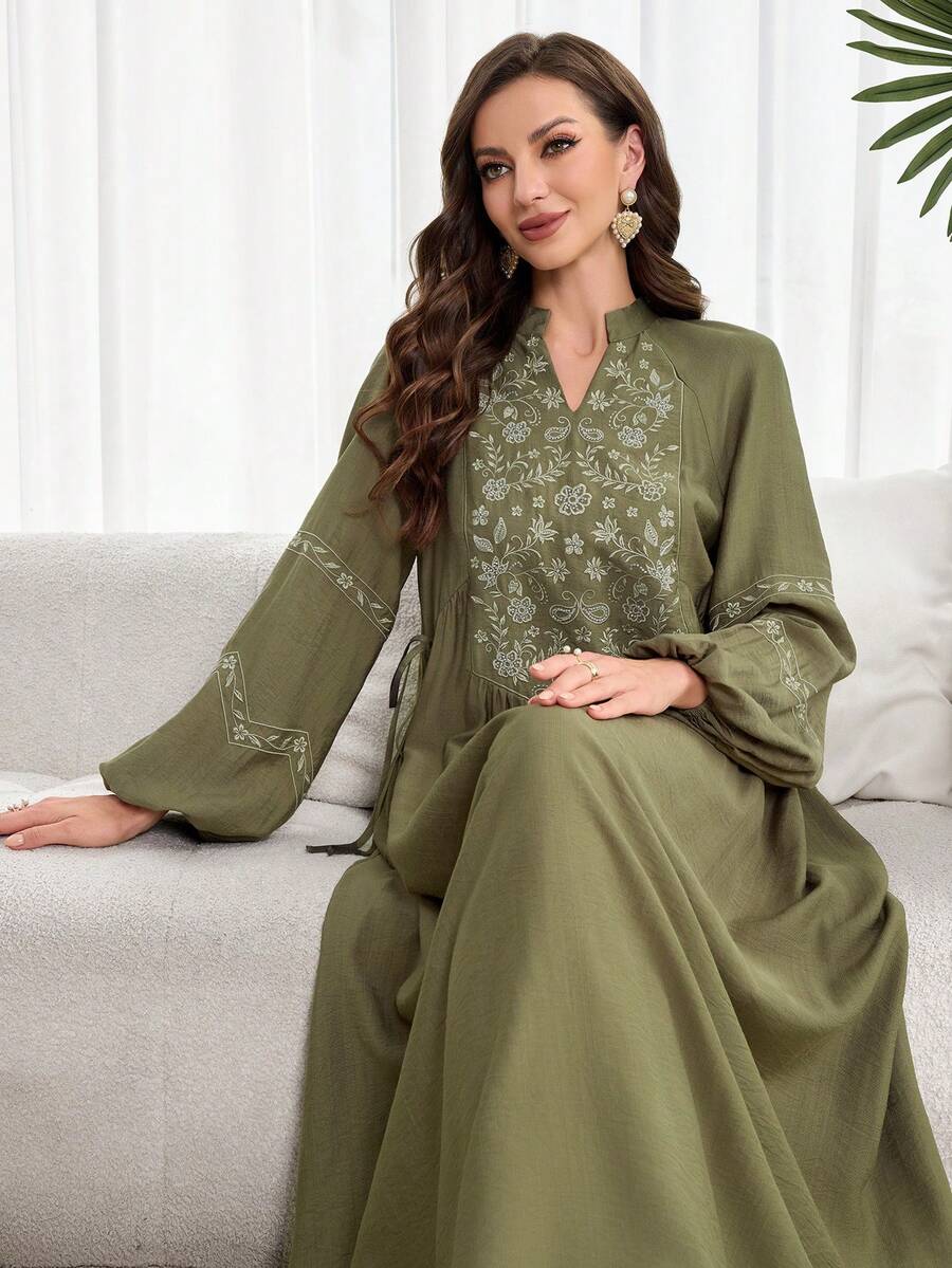 Al Najma Women's Elegant Commuter Floral Embroidered Arabic Style Dress - Olive Green - View 1