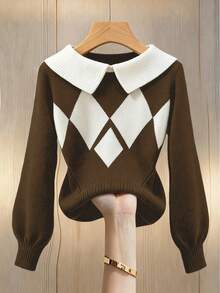 SHEIN Franclia Áo len cổ cao tay phồng phối màu hình thoi theo phong cách blogger. - Nhiều màu - Xem 6