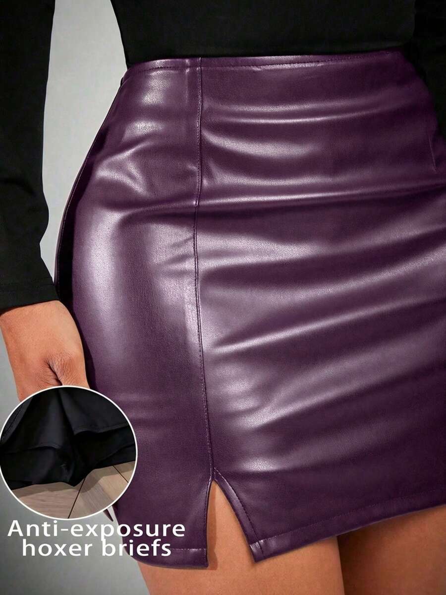 Radiana Women's Solid Color Slit Fitted Pencil Skirt, Suitable For Commuting - Purple - View 1