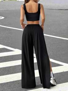 SHEIN EZwear 音樂節款式流蘇高開叉寬腿褲和無縫方領背心套裝 - 黑色 - 查看 3