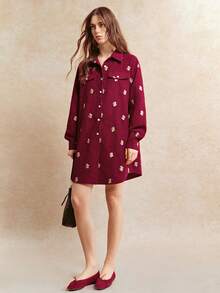 Écloséra 女士优雅秋冬系列新年灯芯绒刺绣宽松短款休闲连衣裙