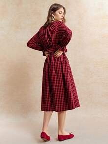 EMERY ROSE 女士红色格子系带极简连衣裙，秋冬款 - 棕色 - 查看 7