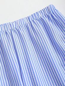 Sweetra Conjunto casual de uso diario y para ir al trabajo, con top de rayas con cordón y dobladillo con volantes, y pantalones de pierna ancha para mujer - Azul - Ver 6