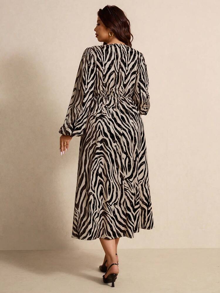 Elaquor Große Größen Elegantes Kleid für Damen mit Twist-Design und Zebra-Muster, V-Ausschnitt und Laternenärmeln - Verschiedenfarbig - Übersicht 2