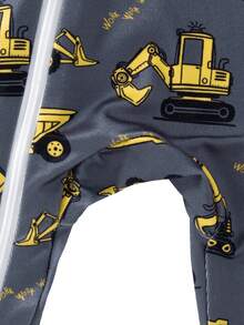 Baby Boys Blue Cartoon Excavator Print Long Sleeve Snug Fit One-Piece Pajamas