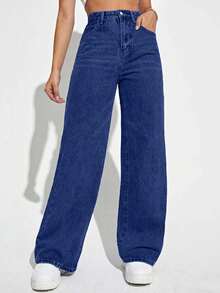 EURMUSE Damen Jeans in Große Größen mit hoher Taille, Taschen und weitem Bein, lässig und locker - Graublau - Übersicht 1