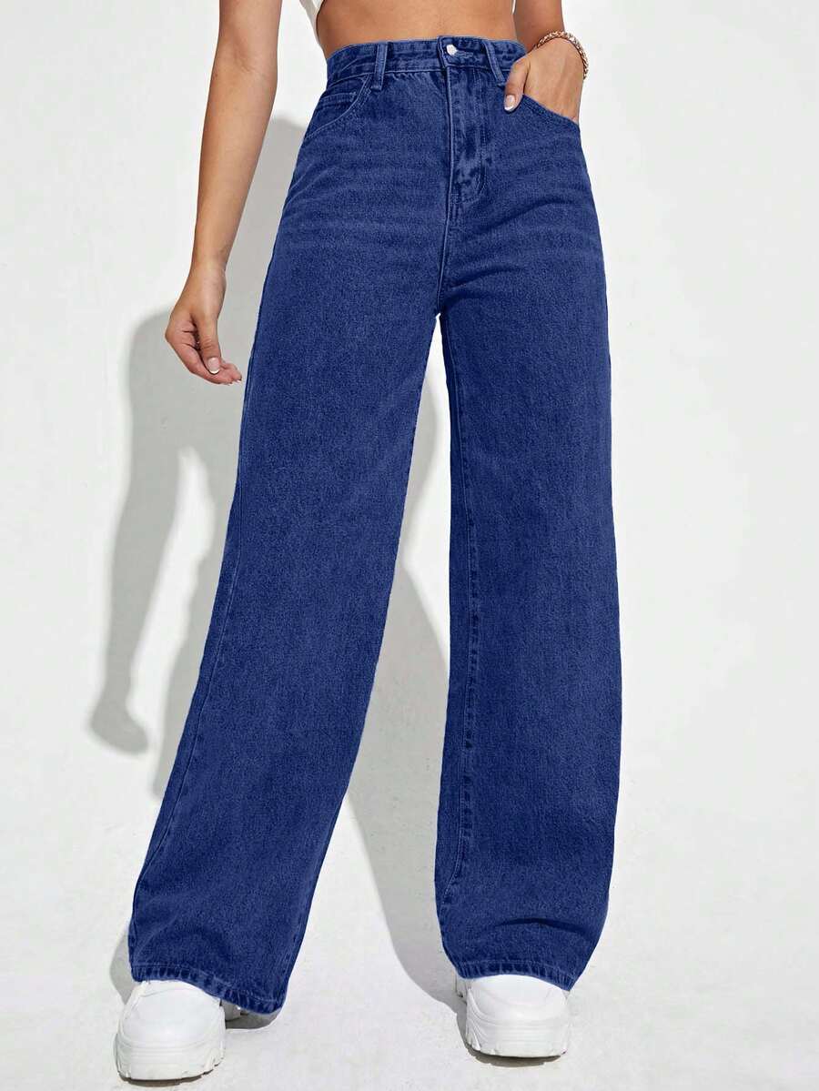 EURMUSE Damen Jeans in Große Größen mit hoher Taille, Taschen und weitem Bein, lässig und locker - Graublau - Übersicht 1