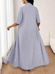 SHEIN Lady 女士优雅休闲通勤度假简约纯色长款开衫外套搭配宽松直筒裤两件套四季皆宜 - 灰色 - 查看 2