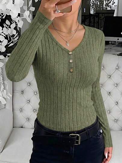 EMERY ROSE Olive Green Ribbed V-Neck Fitted Long Sleeve Sweater