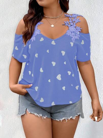 EMERY ROSE Plus Size Off-Shoulder Heart Print Short Sleeve Blouse