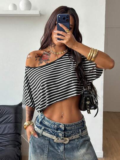 Coolane Women's Summer Streetwear Going Out Sport Casual Graphic Off Shoulder Slouchy Cropped Striped Tee Short Sleeve T-Shirt