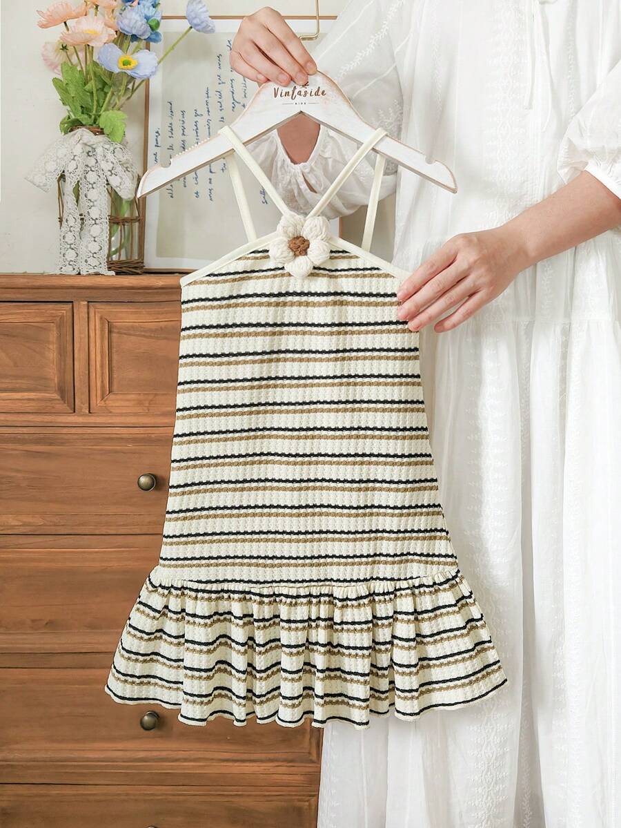 SHEIN Vintaside Kids Young Girl' Fashionable Sweet Rainbow Striped Spaghetti Strap Backless Dress, Summer Vacation Outfit - Khaki - View 1