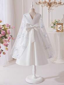 年轻女孩网纱拼接亮片刺绣蝴蝶装饰白色婚纱 - 白色 - 查看 4