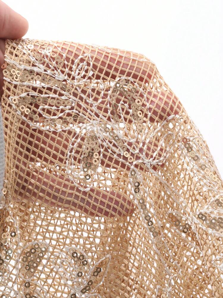 Women's Embroidered Sequin Fabric Loose Long Sleeve Turndown Collar Elegant Resort Blouse, Spring/Autumn