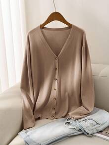 CosyJoli 秋冬大码女式休闲宽松纯色纽扣长袖开衫 - 駝色 - 查看 13