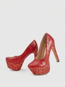 CUCCOO LuxiPop Women's Fashionable & Elegant Commute/Party Sequin Decor Waterproof Platform Pumps Valentine's Day