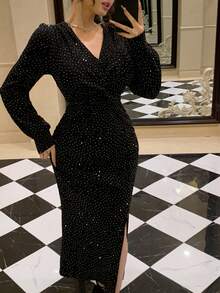 DAZY Elegant Luxury Glitter Waist Pleated Long Sleeve Slim Fit Dress, Early Autumn Sundress - Black - View 4